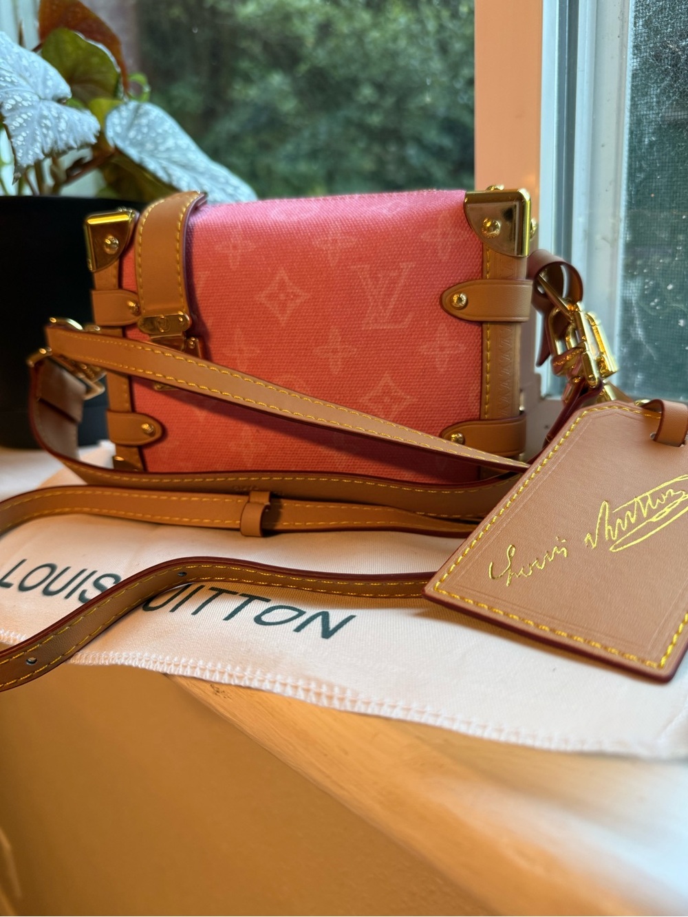 Pink Monogram Petite Trunk Crossbody with Tan Trim